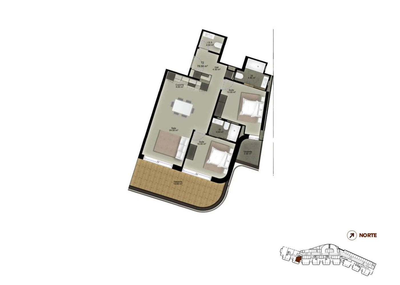 Planta-tipo T2 · exemplo de distribuição
